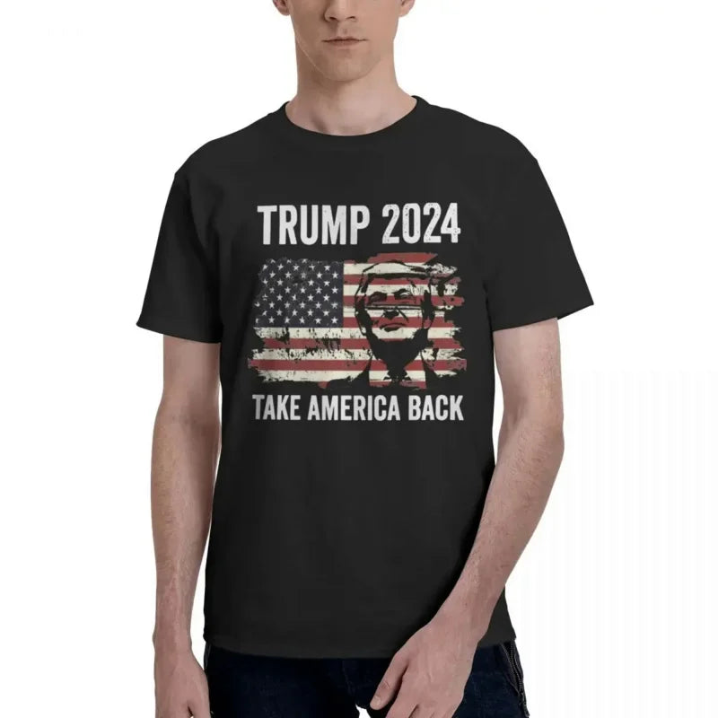 America Flag 100% Cotton Clothing Vintage Short Sleeve Round Neck Tee Shirt Adult T-Shirt Men's Donald Trump 2024 T Shirts